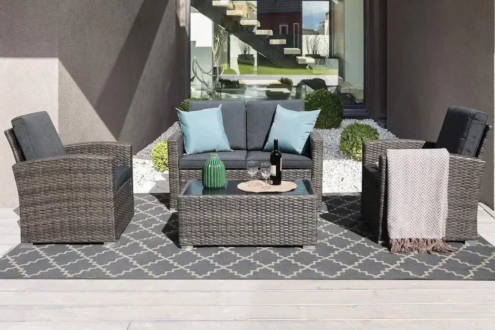 4-Piece Patio Furniture Set – Outdoor Conversation Set with Tempered Glass Coffee Table