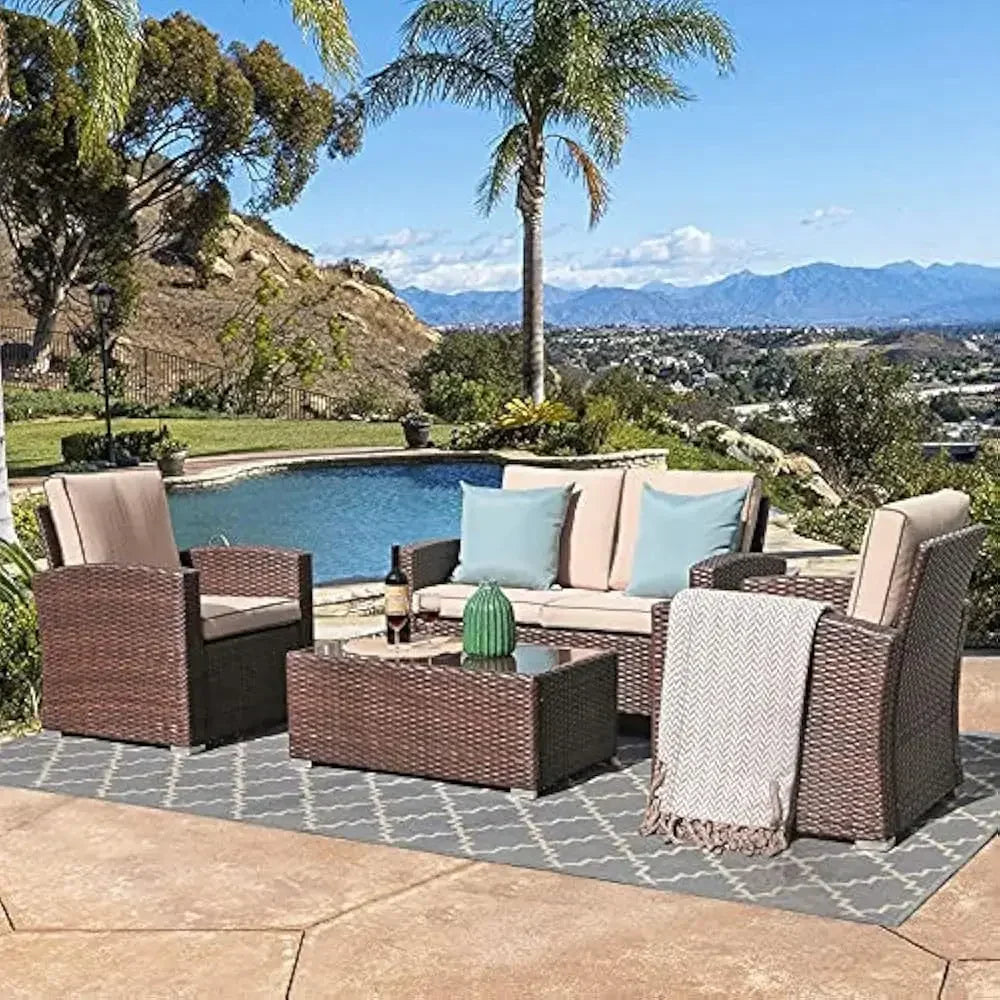 4-Piece Patio Furniture Set – Outdoor Conversation Set with Tempered Glass Coffee Table