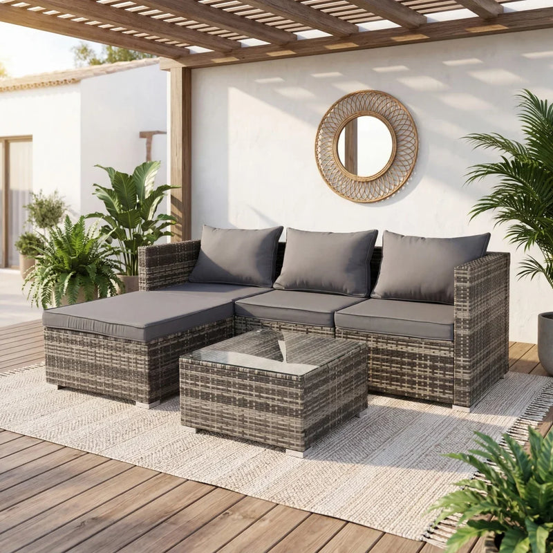 5-Piece PE Rattan Corner Sofa Set with Coffee Table - Grey