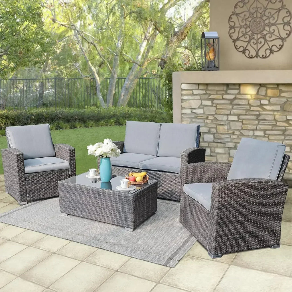 4-Piece Patio Furniture Set – Outdoor Conversation Set with Tempered Glass Coffee Table