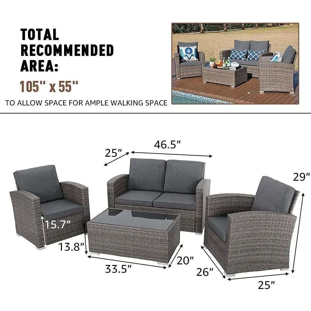 4-Piece Patio Furniture Set – Outdoor Conversation Set with Tempered Glass Coffee Table